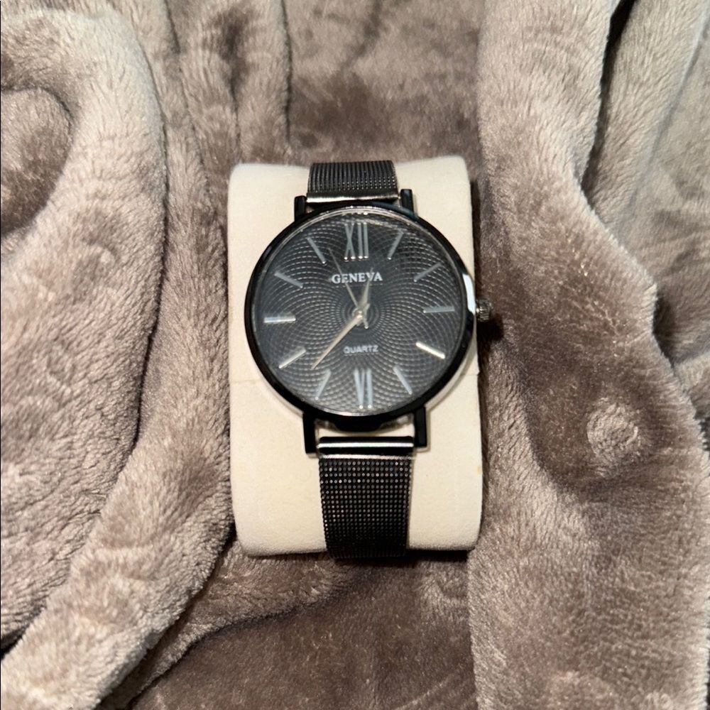 Geneva Black Leather Strap Watch Modern Classic Design